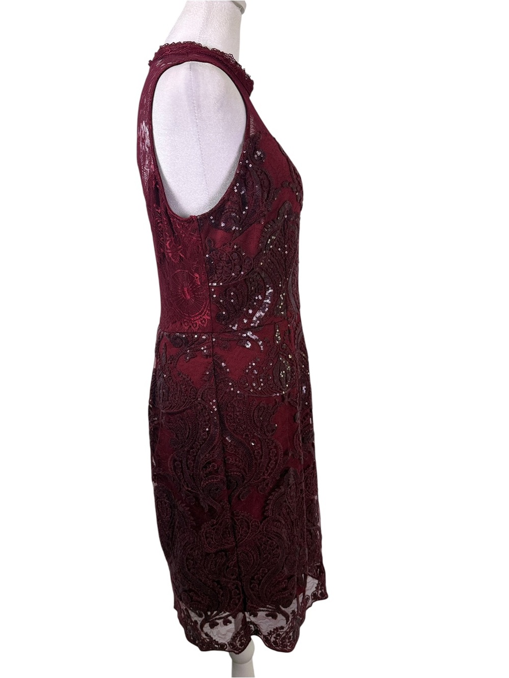 Soieblu Burgundy Lace Sequin Cocktail Dress Size L Mock Neck Sheath Party - Picture 4 of 10